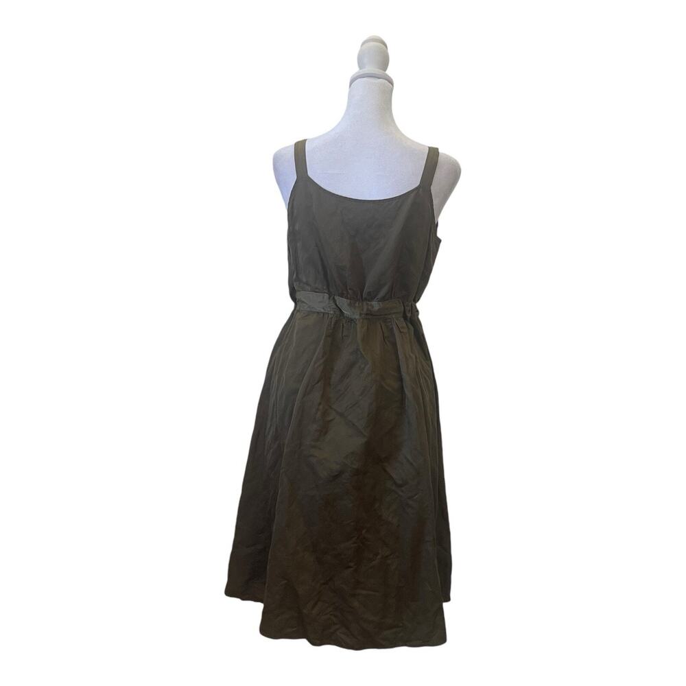 Eileen Fisher Dress Womens 6 Olivine Olive Green Steel Satin Empire Waist Tie - Picture 5 of 12